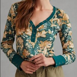 Pilcro Teal and Cream Floral Long Sleeve Top